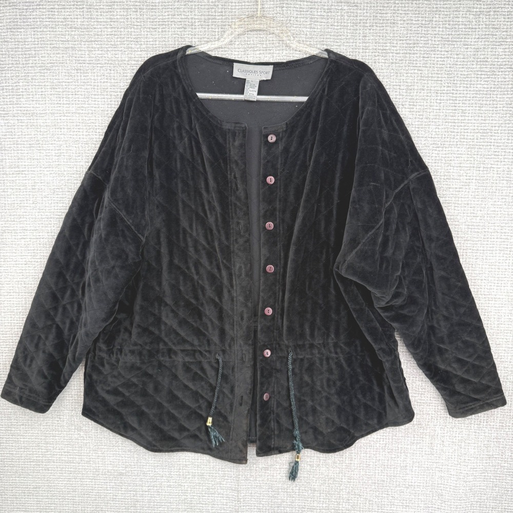 Classiques Sport‎ Petites Quilted Velvet Button Up Jacket Black SZ PL Drawstring